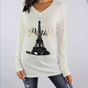 Paris Graphic Long Sleeve Cream V-Neck T-Shirt
